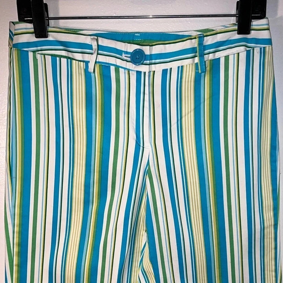 George Stretch,6 turquoise/green striped capri, oversize button zip closure - Picture 2 of 8